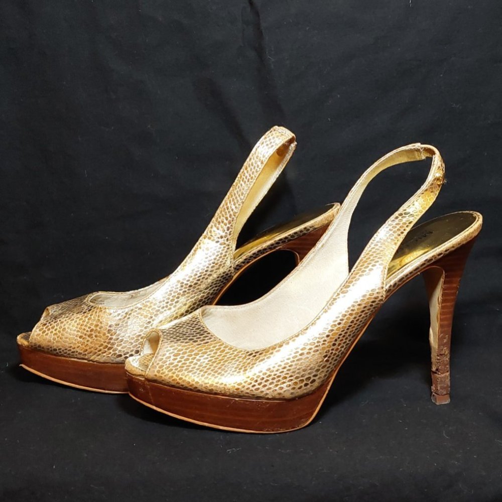 Gold Michael Kors Peep Toes Open Back Sling Back Stiletto Snake Skin Heels